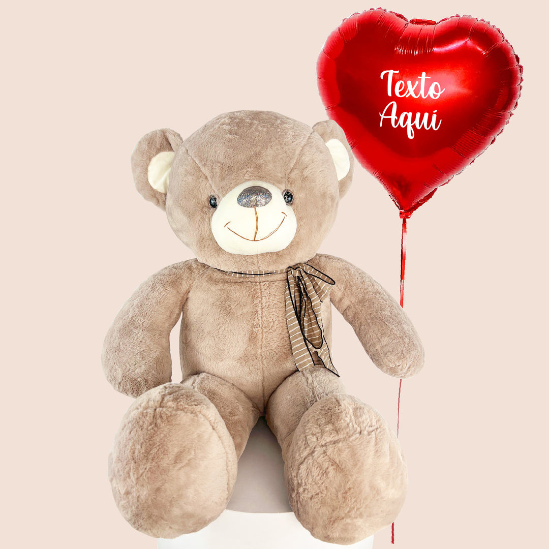 Oso de Peluche grande 80 cm con globo corazón rojo con helio personalizado para San Valentín, día del amor y la amistad.