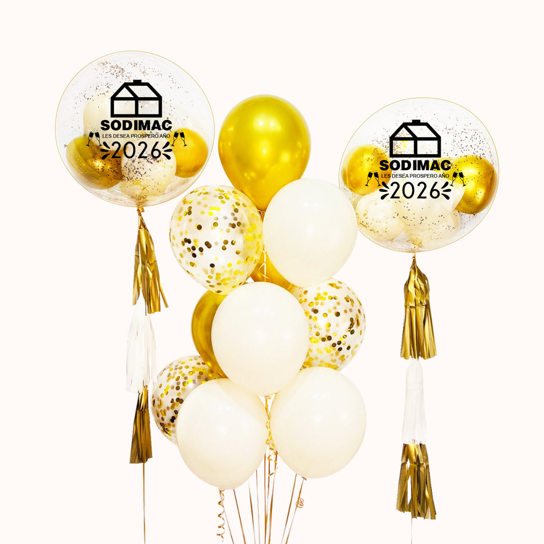 Bouquet de globos con 2 burbujas transparentes con globos internos en blanco y dorado, personalizadas con tu marca. Acompañado de un bouquet de 4 globos látex blancos, 4 globos látex dorados y 3 globos con confeti dorado. Ideal para celebrar Año Nuevo.