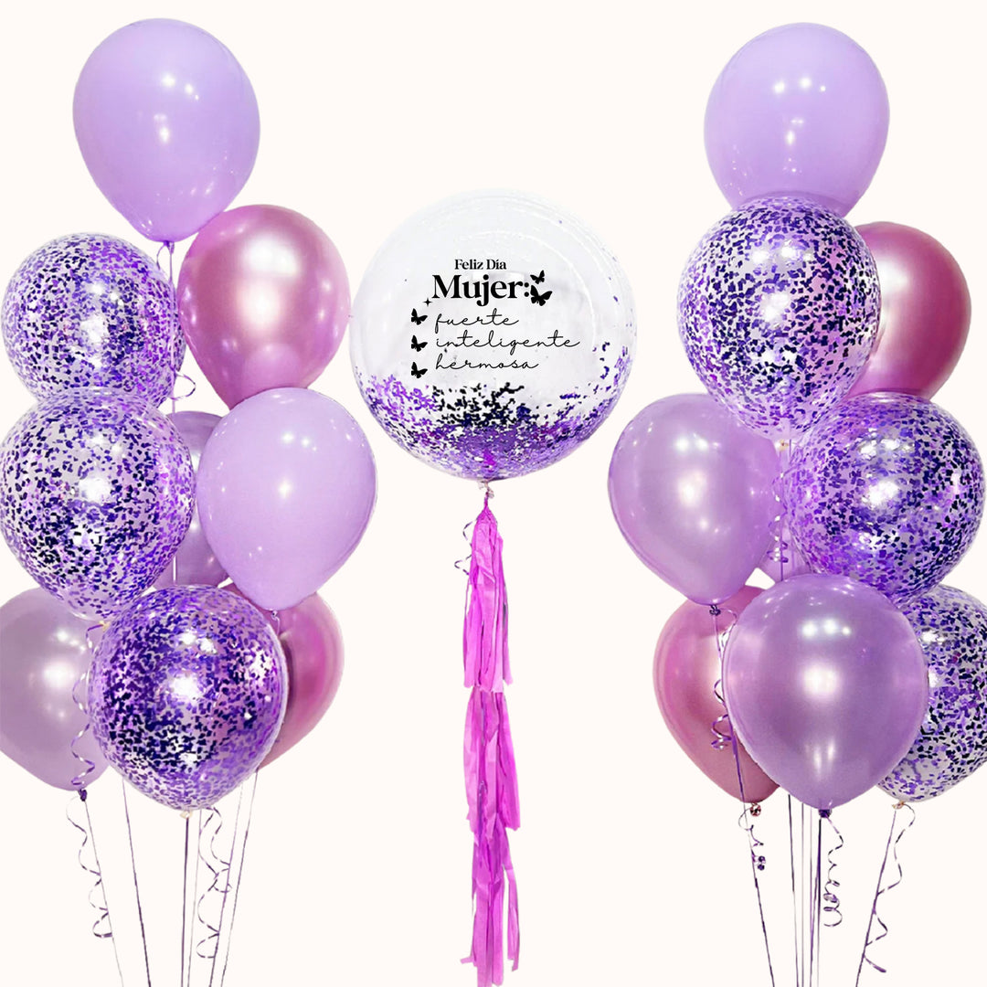 Arreglo de 19 globos con helio para el Día de la Mujer que incluye 1 globo burbuja confetti personalizado, 12 globos de látex en color sólido y 6 globos de látex confetti transparentes, ideal para celebraciones.