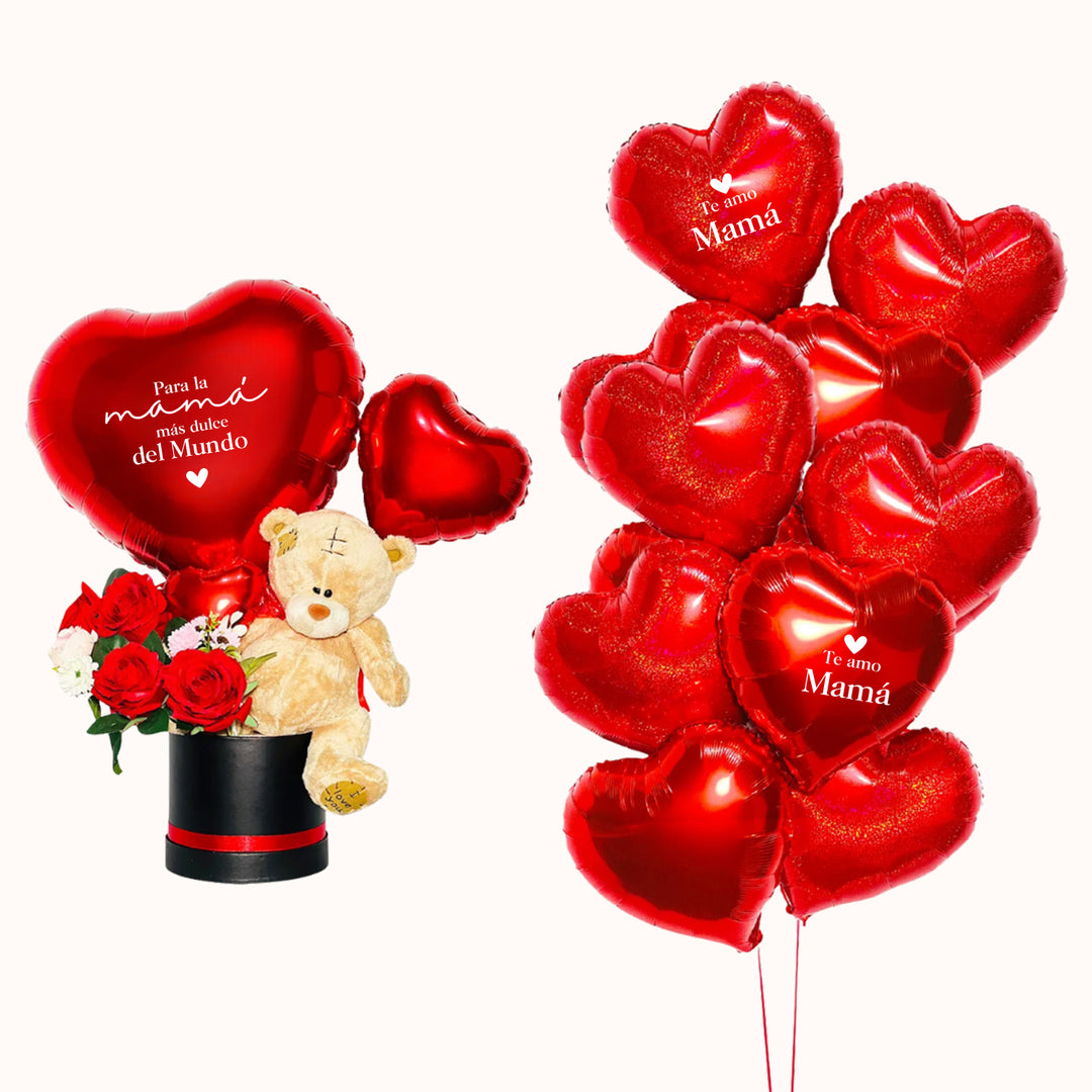 Gift box con rosas decorativas artificiales, peluche de osito mediano y globo de corazón personalizado, acompañado de 20 globos metálicos en forma de corazón inflados con helio. Para engreír a mamá en su día.