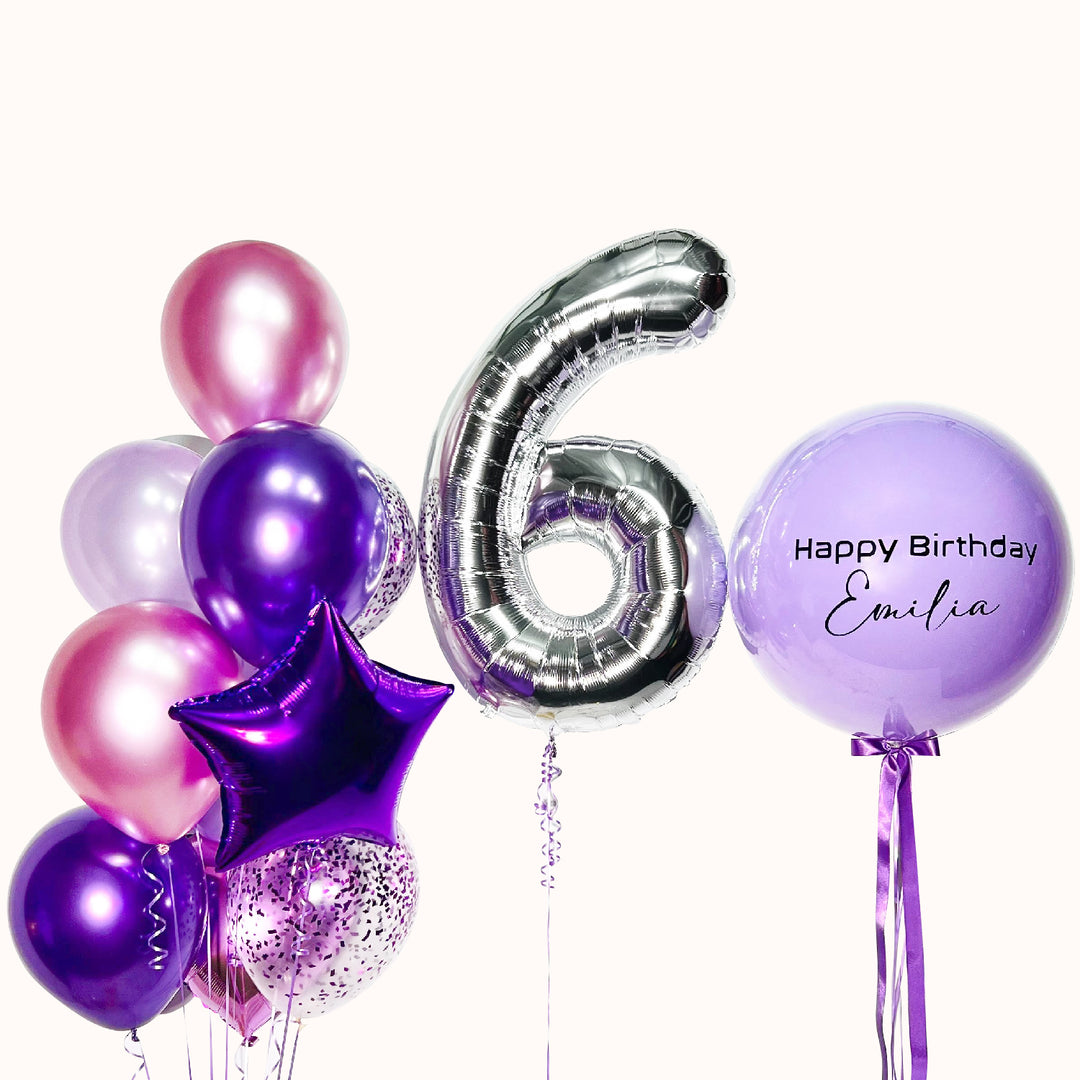 Arreglo de 14 globos inflados con helio: 1 globo número, 1 globo burbuja personalizado con globo en su interior, 7 globos de látex, 3 globos con confeti, 1 globo corazón y 1 globo estrella. Especial para celebrar cumpleaños y aniversarios. Colores a elección.