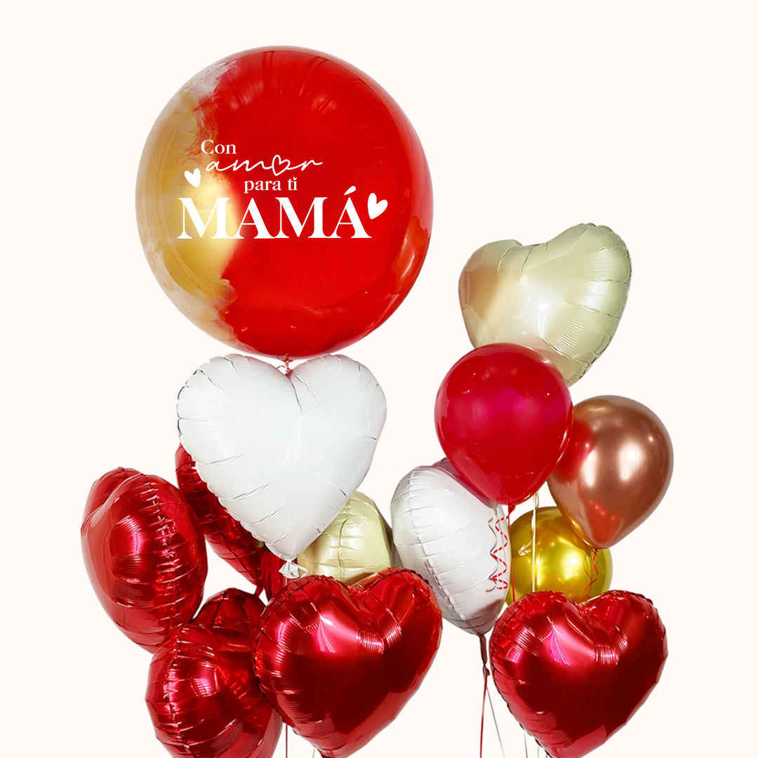 Arreglo para el Día de la Madre con 1 globo burbuja pintado personalizado, 3 globos de látex en color sólido y 9 globos en forma de corazón, incluye 2 pesas. Ideal para regalar a mamá.