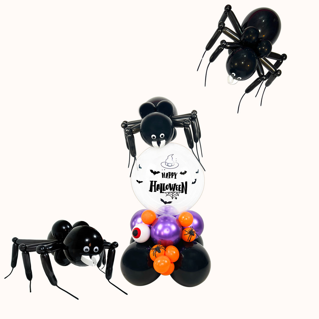 Pack de mural de globos para Halloween con 1 burbuja personalizada, 3 arañas de globos grandes y 1 base de globos látex. Ideal para eventos, entradas de local y fiestas.