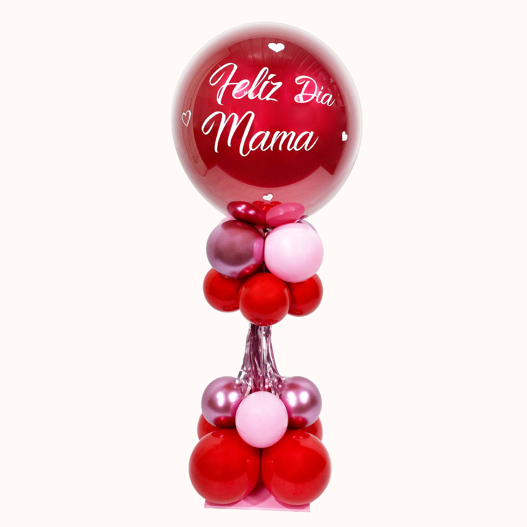 Arreglos de globos para mamá, parante con estructura 94 cm, 1 globo burbuja color sólido personalizado, base de globos látex.