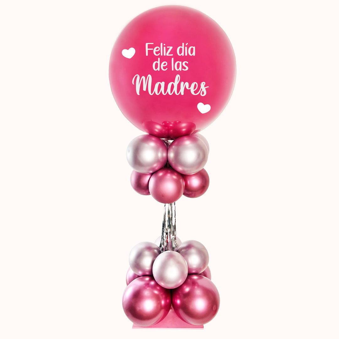 Arreglos de globos para regalar el día de la madre parante con estructura 94 cm, 1 globo burbuja con látex personalizado y base de globos látex.