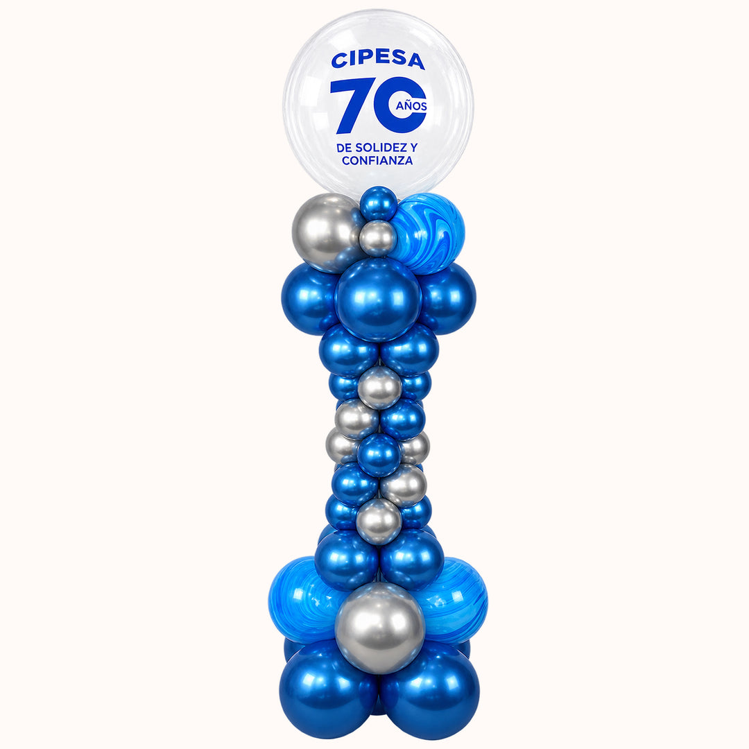 Parante de globos de 1.80 m de altura, con globo burbuja transparente personalizado y columna de globos, personalizado con tu logo. Ideal para decorar eventos corporativos, ferias, activaciones, inauguraciones y acciones de branding visual.