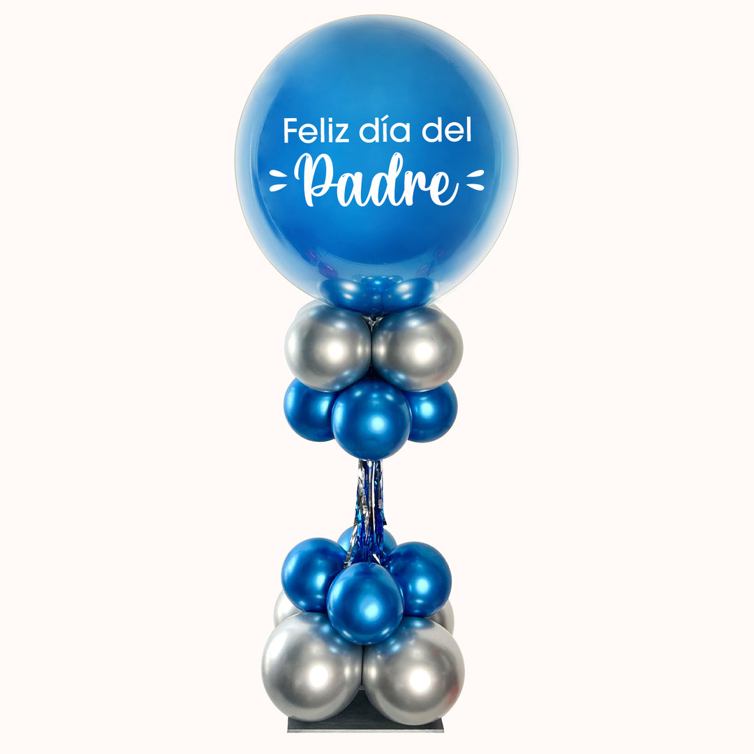 Parante chico con base de globos de látex de 94cm, 1 globo burbuja pintado y personalizado. Ideal para decorar celebraciones especiales como el Día del Padre en tu empresa.