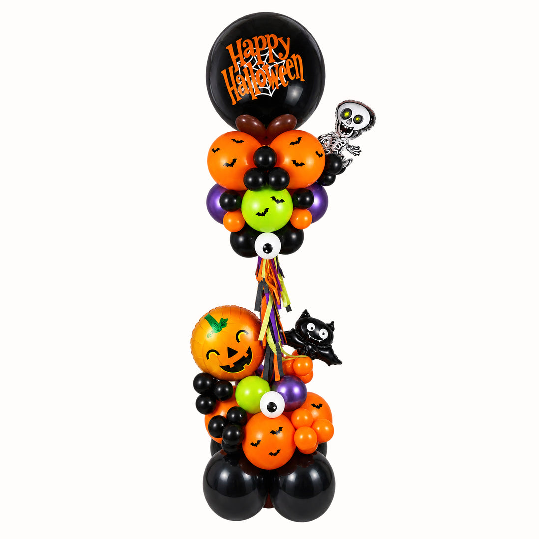 Parante de globos para Halloween con 1 globo burbuja personalizada con mensaje Happy Halloween, 1 globo de calabaza, 1 globo  calavera, 1 globo de vampiro y globos de látex. Una decoración alta y llamativa, ideal para recepciones, salas  y fiestas temáticas 