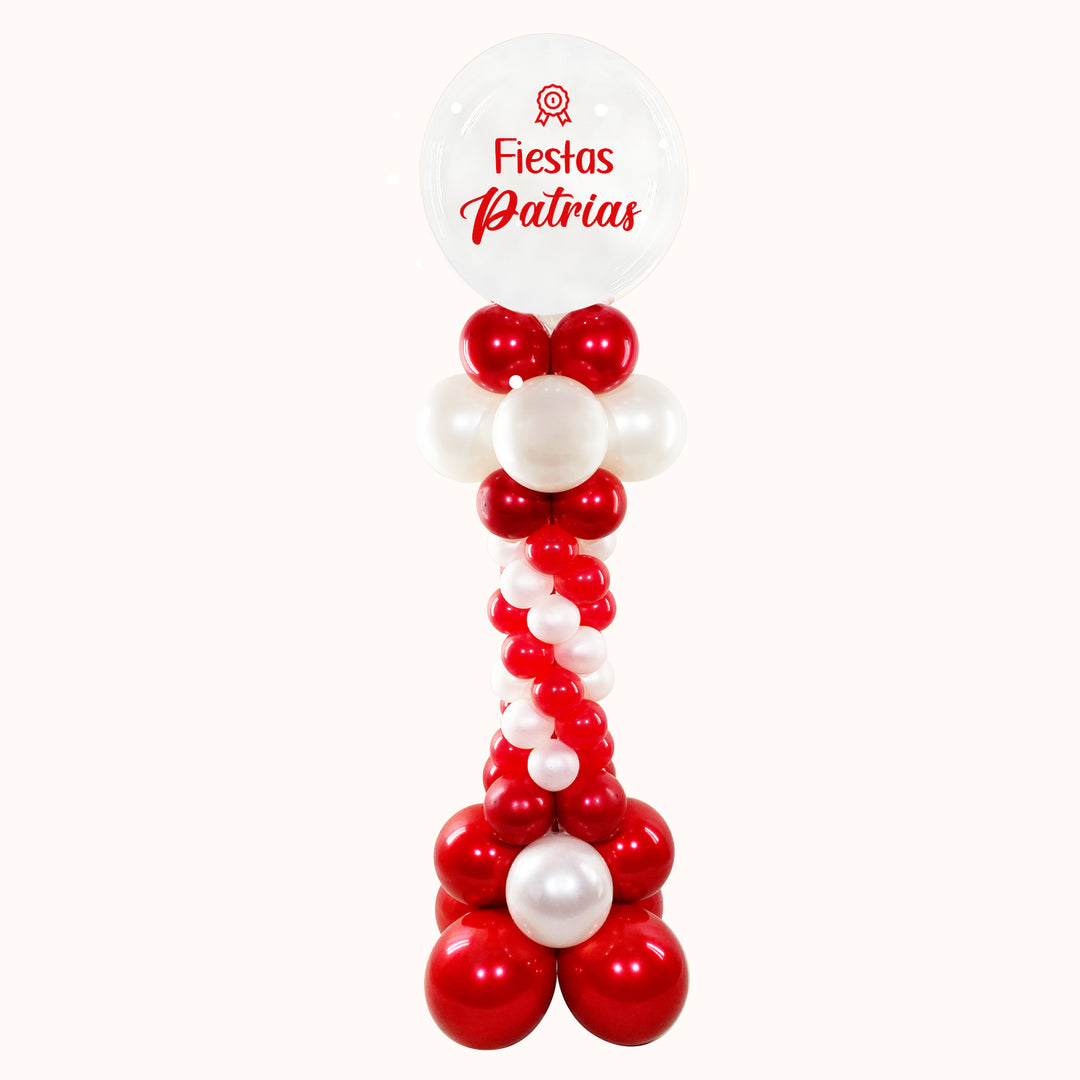 Parante de globos de 1.80 m de altura en tonos rojo y blanco, ideal para decorar celebraciones por Fiestas Patrias con un diseño elegante y llamativo. Perfecto para eventos corporativos, oficinas, tiendas y espacios comerciales que buscan resaltar el espíritu patrio y fortalecer la imagen de su marca.