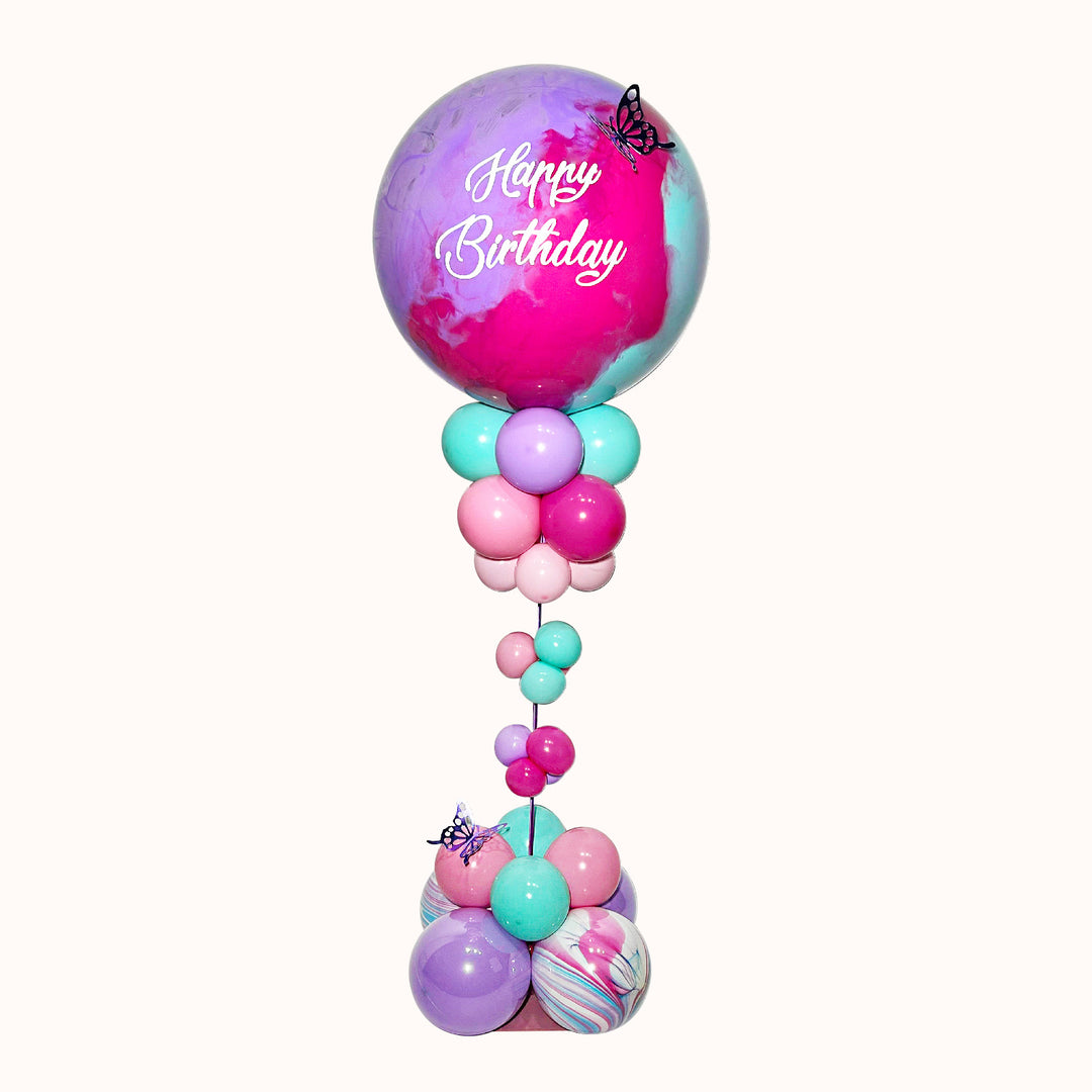 Parante chico base de globos de látex de 145 cm, 1 globo burbuja pintado y personalizado, Para mesa o piso.en color fucsia lila y turquesa. Ideal para decorar cumpleaños o cualquier celebración especial. 