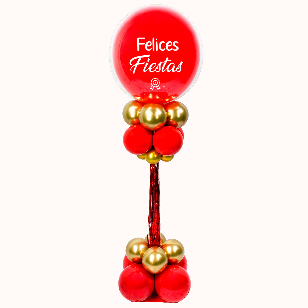 Parante mediano de 1.35 m, en colores dorado y rojo, personalizado felices fiestas patrias y escarapela del Perú