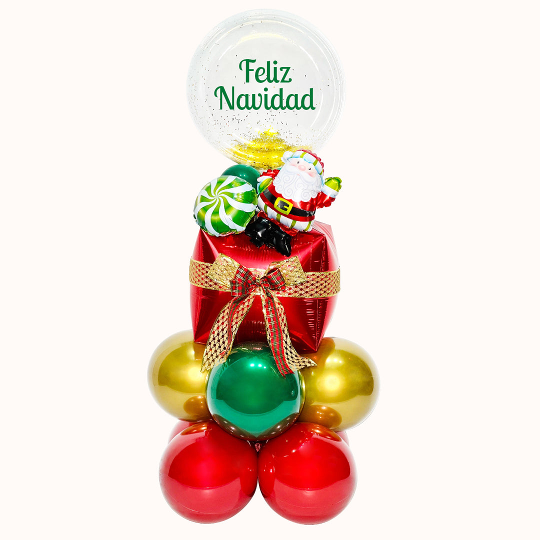 Parante con globo burbuja personalizado con la frase “Feliz Navidad” y tu logo, con base de globos de látex y globos metálicos decorativos navideños, también personalizados con tu logo. Ideal para eventos corporativos, activaciones e inauguraciones. Realza tu marca y promociona tu empresa de manera efectiva.
