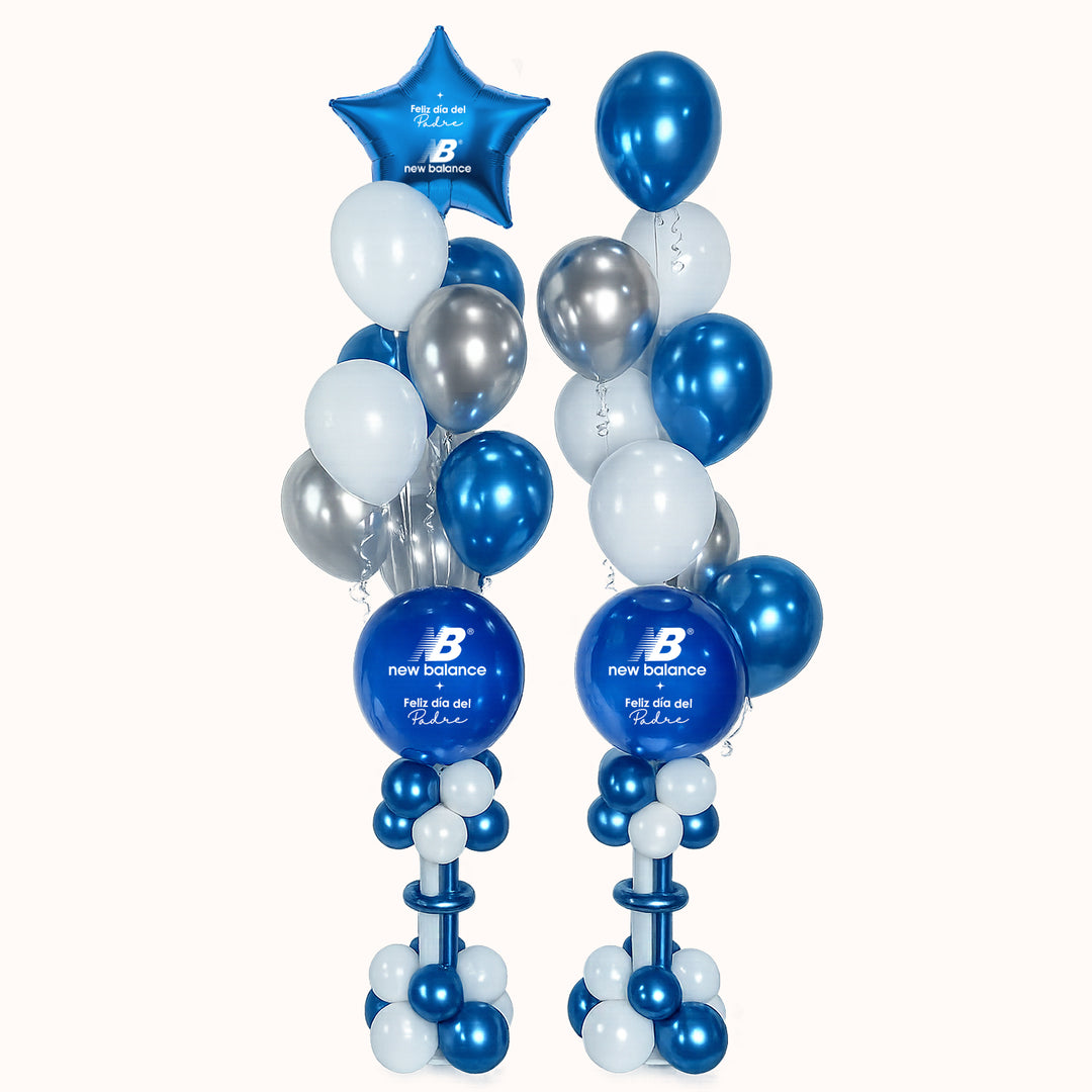 Pack de globos decorativo corporativo por el Día del Padre que incluye 2 parantes personalizados con logo de 95 cms en el color de su elección, 17 globos de látex en color sólido, 1 estrella personalizada y 2 pesas decorativas; ideal para ambientar oficinas, recepciones y eventos corporativos. 