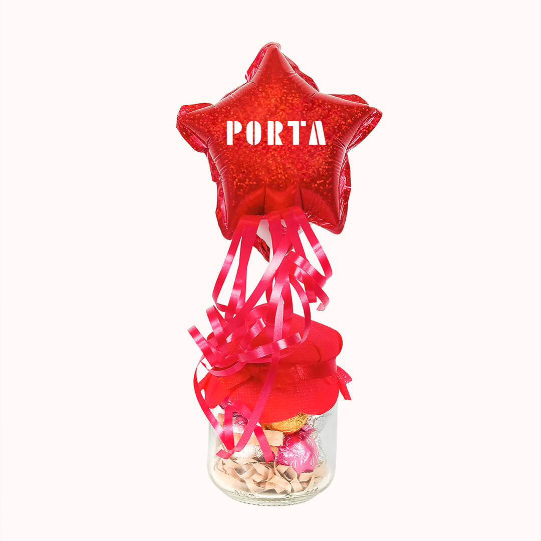 Detalle corporativo: pomo o jar de vidrio con tapa personalizado con chocolate o caramelos. Para campaña corporativa de San Valentín regalo para colaboradores y clientes.