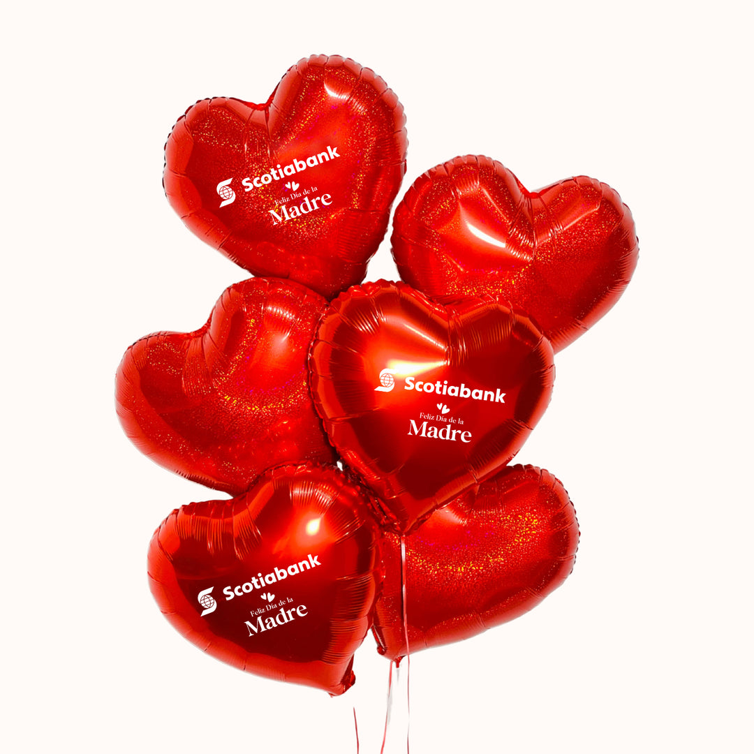 Bouquet de 6 globos de corazón con helio, 3 personalizados. Campaña por el Día de la Madre, ideal para eventos corporativos y decoraciones temáticas donde resalta tu marca.