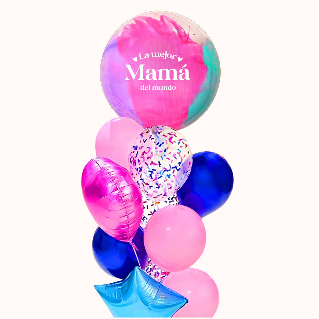 Bouquet de 10 globos para regalar a Mamá: 1 globo burbuja pintado y personalizado, 5 globos de látex en color sólido, 2 globos de látex transparentes con confetti, 1 globo estrella y 1 globo corazón.