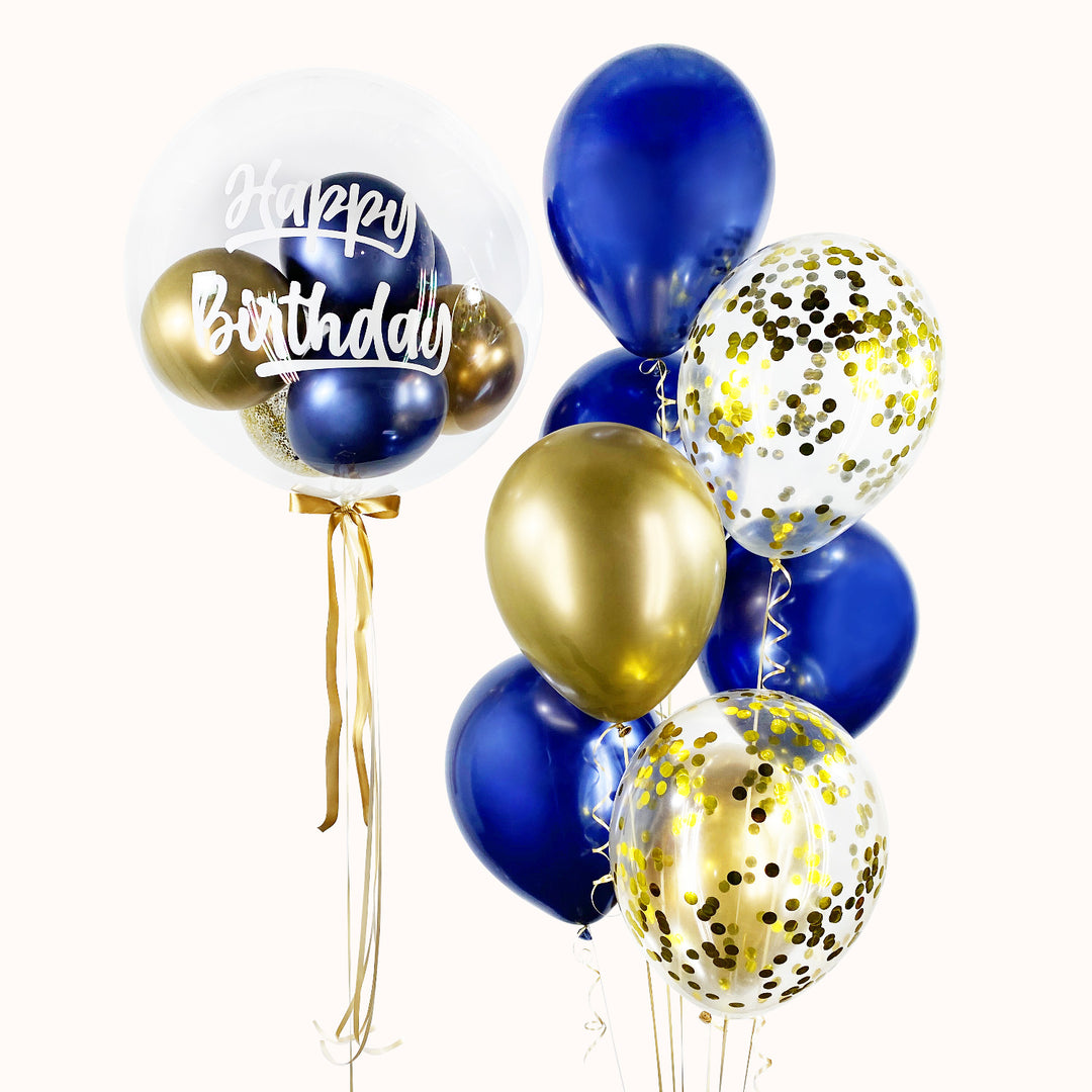 Bouquet de 9 globos: 1 burbuja personalizable, 6 globos de látex y 2 globos confetti, inflados con helio. Especial para cumpleaños o cualquier ocasión especial.