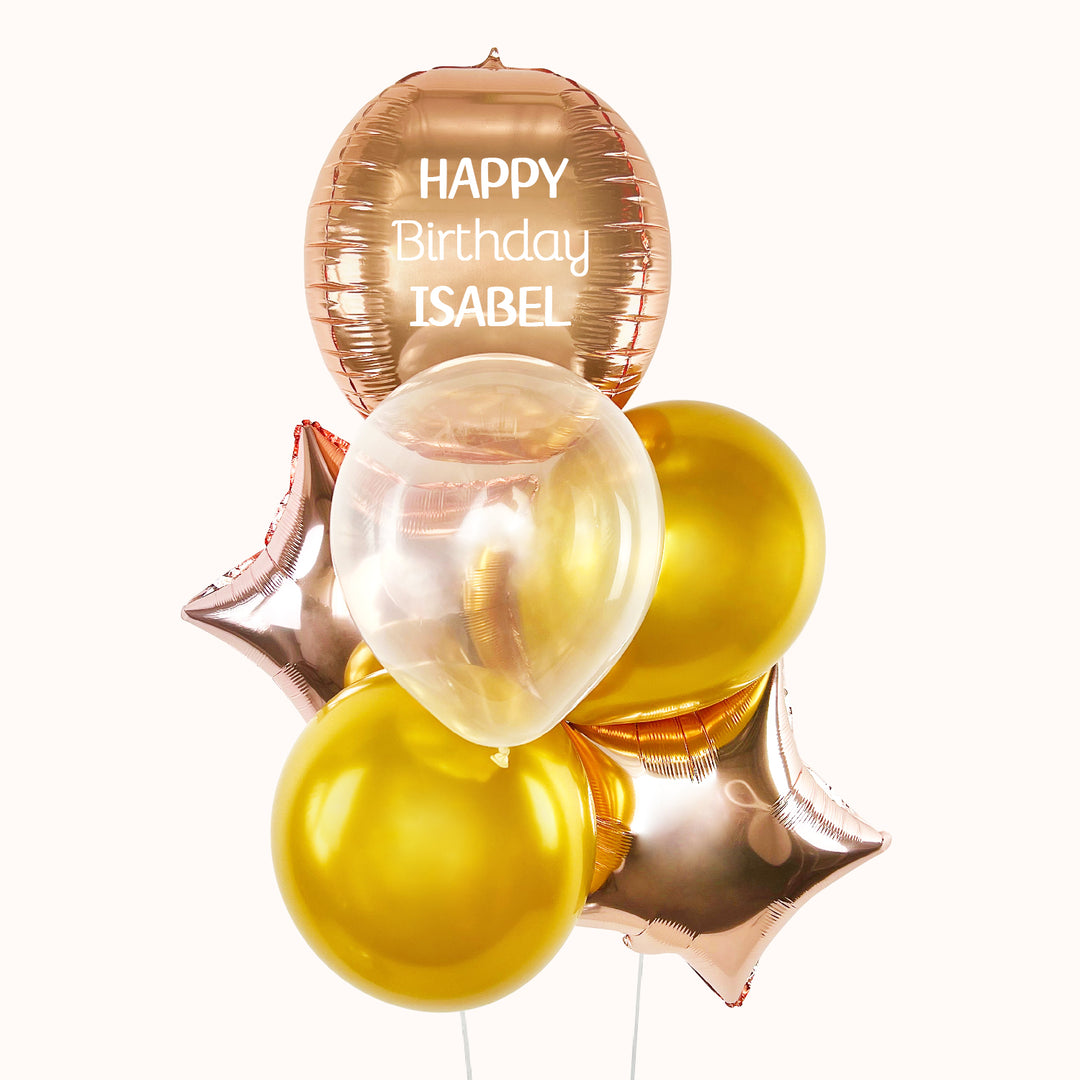 Bouquet de 6 globos Rose gold y dorado con helio para cumpleaños que incluye: 1 globo esfera rose gold personalizado ), 2 globos metálicos en forma de estrella rose gold y 3 globos de látex transparente y dorado, ideal para celebrar.
