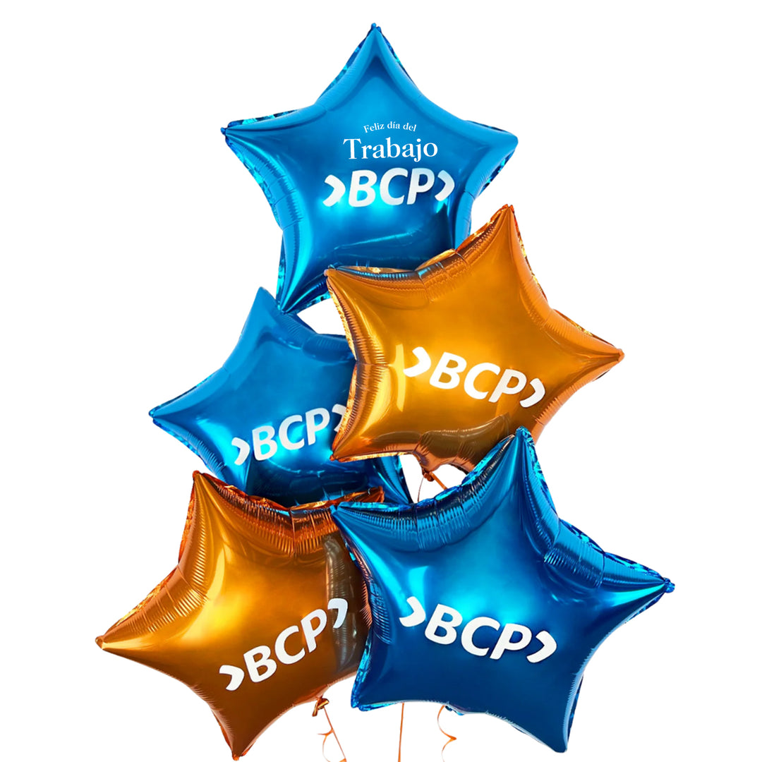 Bouquet corporativo con 5 globos estrella personalizados en los colores de tu marca, incluye 1 pesa. Diseñado para campañas del Día del Trabajo, activaciones y decoraciones empresariales con logo