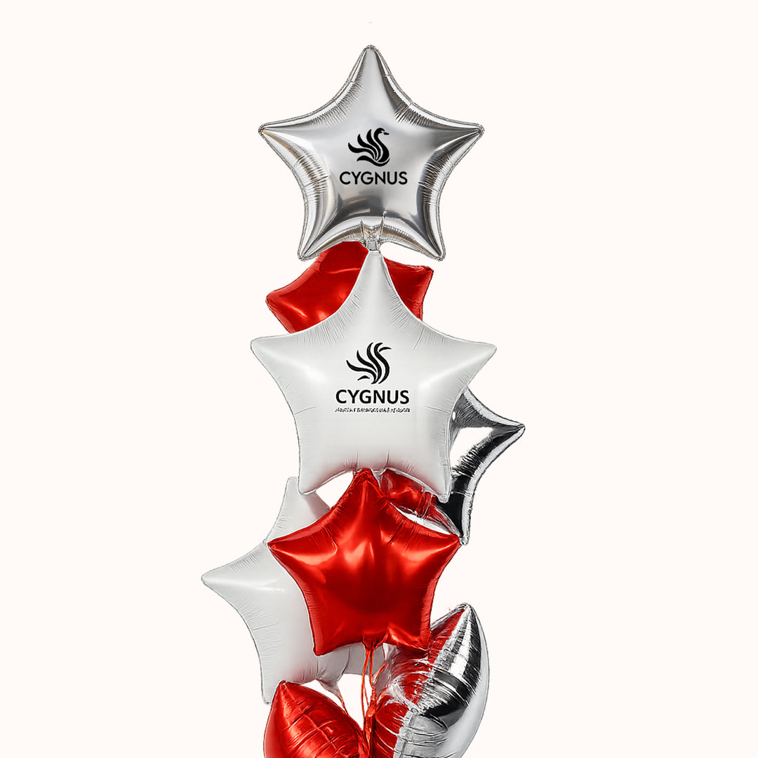 Bouquet de globos en forma de estrella, personalizados con tu logo y solidos, colores a elegir. Diseñamos bouquets exclusivos para cada evento. Utilizamos helio 100 % puro y priorizamos tu seguridad en todo momento.