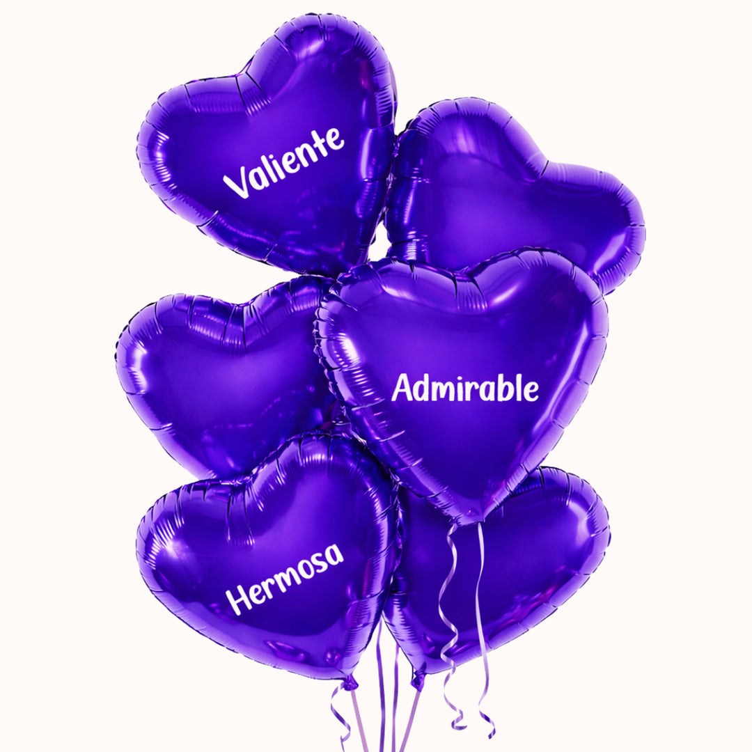Bouquet de globos con helio para el Día de la Mujer que incluye 6 globos en forma de corazón en tonos morados. Ideal para obsequios. Personaliza a tu gusto.