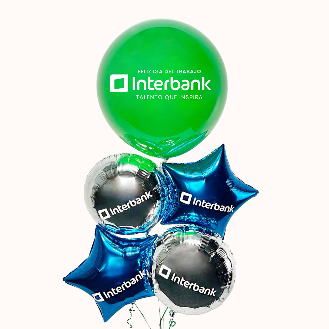 Arreglo bouquet globo burbuja con globo interior, 2 globos metálicos en forma de estrella y 2 globos circulares, todos personalizados con tu logo. Ideal como globo empresarial día de trabajo.