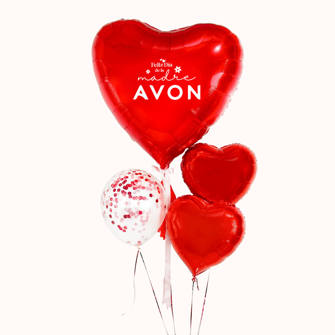 Ramo de globos inflados con helio compuesto por 1 globo metálico corazón grande con logo empresarial, 2 globos metálicos en forma de corazón y 1 globo de látex con confetti, ideal para decoración corporativa del Día de la Madre y para destacar tu marca.