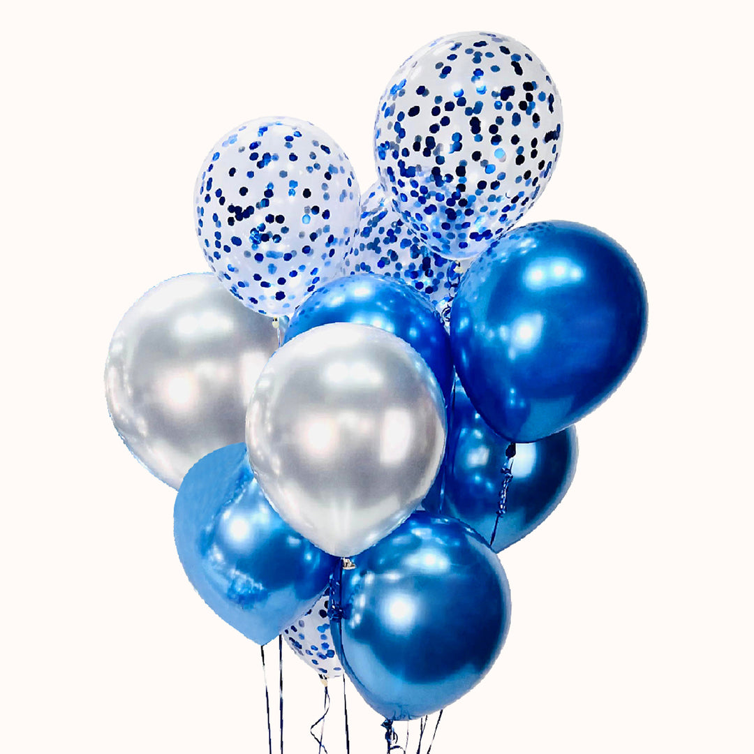 Arreglo de globos con helio en tonos azul y plata, ideal para cumpleaños día del padre, nacimientos o cualquier ocasión, que incluye 10 globos de látex color sólido, 5 globos de látex confetti transparentes y 1 pesa, perfecto para decorar y celebrar momentos especiales.