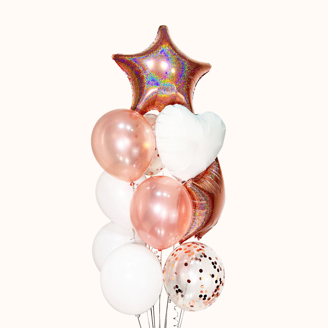Bouquet de globos con helio que incluye 2 globos estrella, 1 globo corazón, 2 globos de látex transparentes con confetti y 5 globos de látex en color sólido, para celebraciones y regalos.