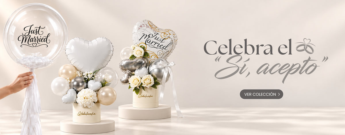 Ramos y arreglos de globos con helio, gift box, regalos, murales, arcos y parantes para bodas, ella dijo sí, acepto y just married.