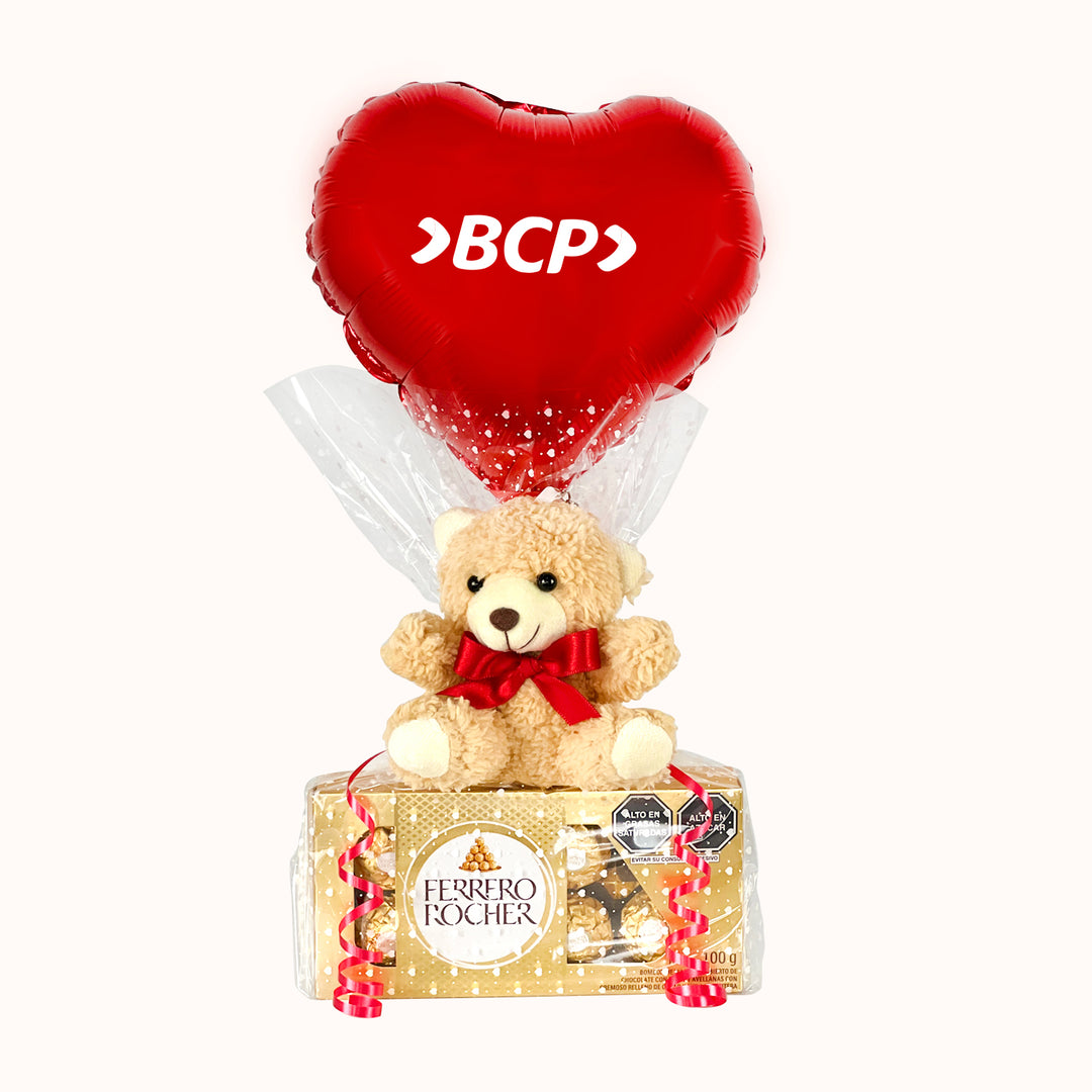 Caja de chocolates Ferrero Rocher de 8 unidades, envuelta en papel celofán, con osito de peluche y globo personalizado con tu logo. Para obsequios corporativos de San Valentín.