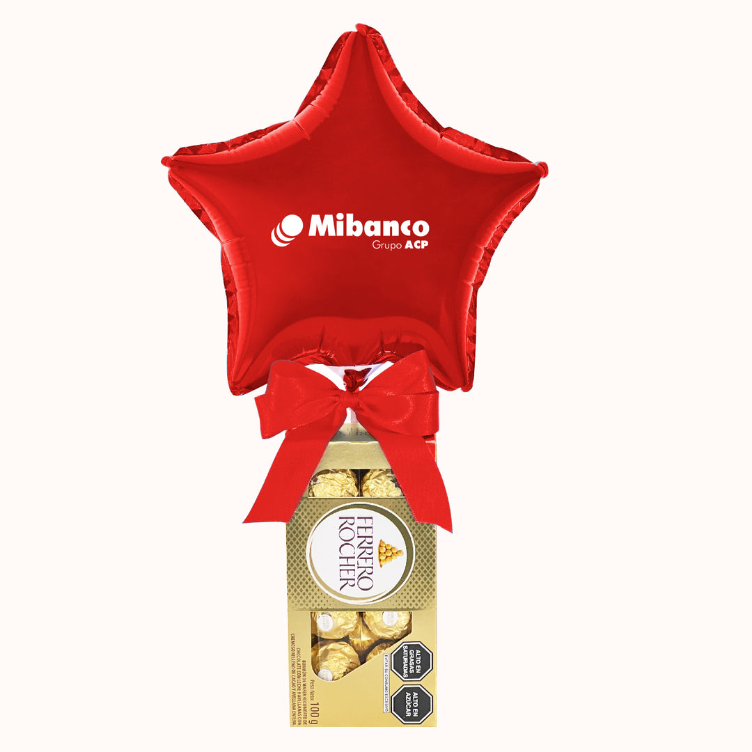Caja de chocolates ferrero rocher de 8 unidades, globo de estrella o corazón rojo. Para regalar en San Valentín a clientes y colaboradores. Regalos corporativos publicitarios.