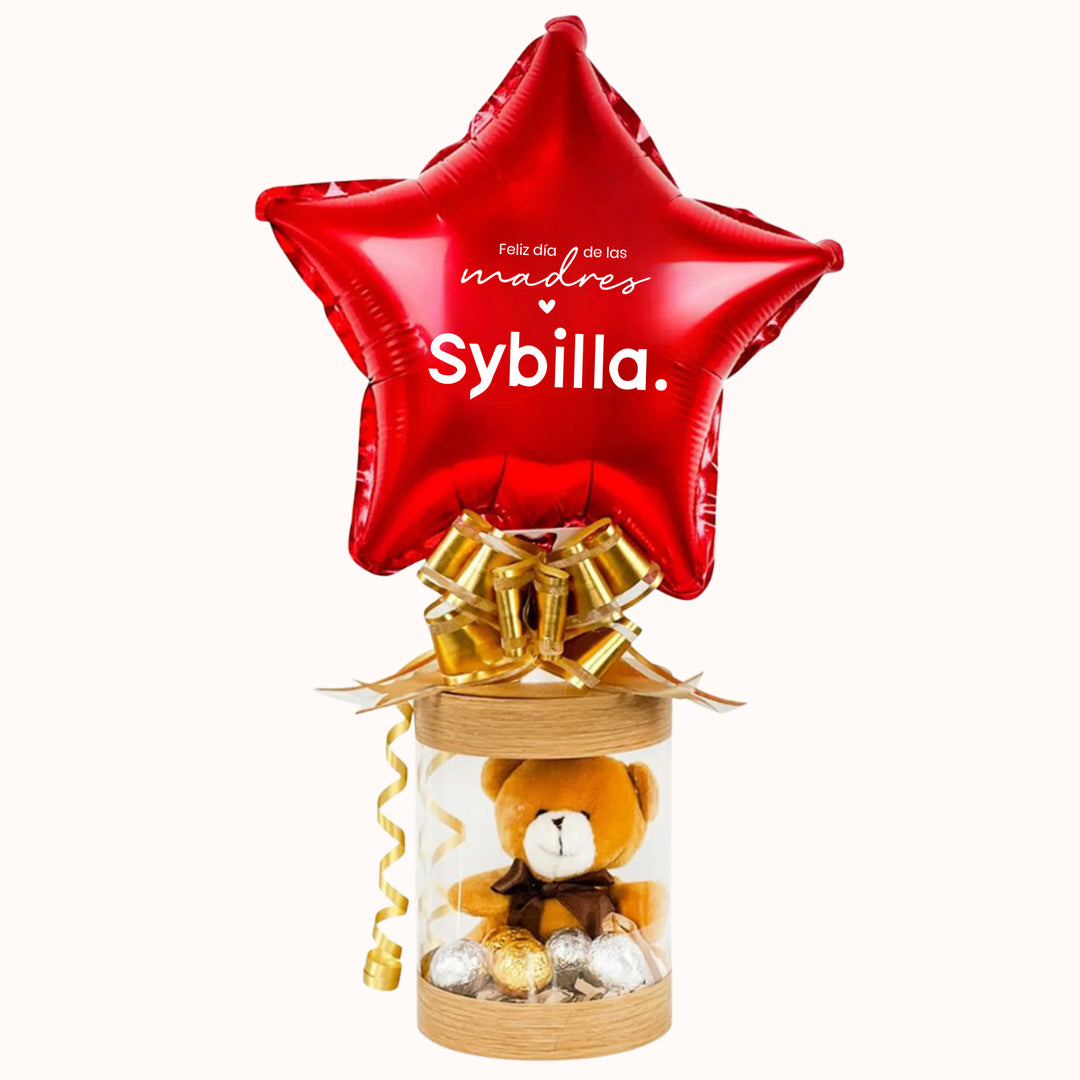 Detalle día de la madre. Caja de regalo con oso, chocolates y globo personalizado con tu marca. Ideal para campaña día de la madre y así impulsar tu marca.