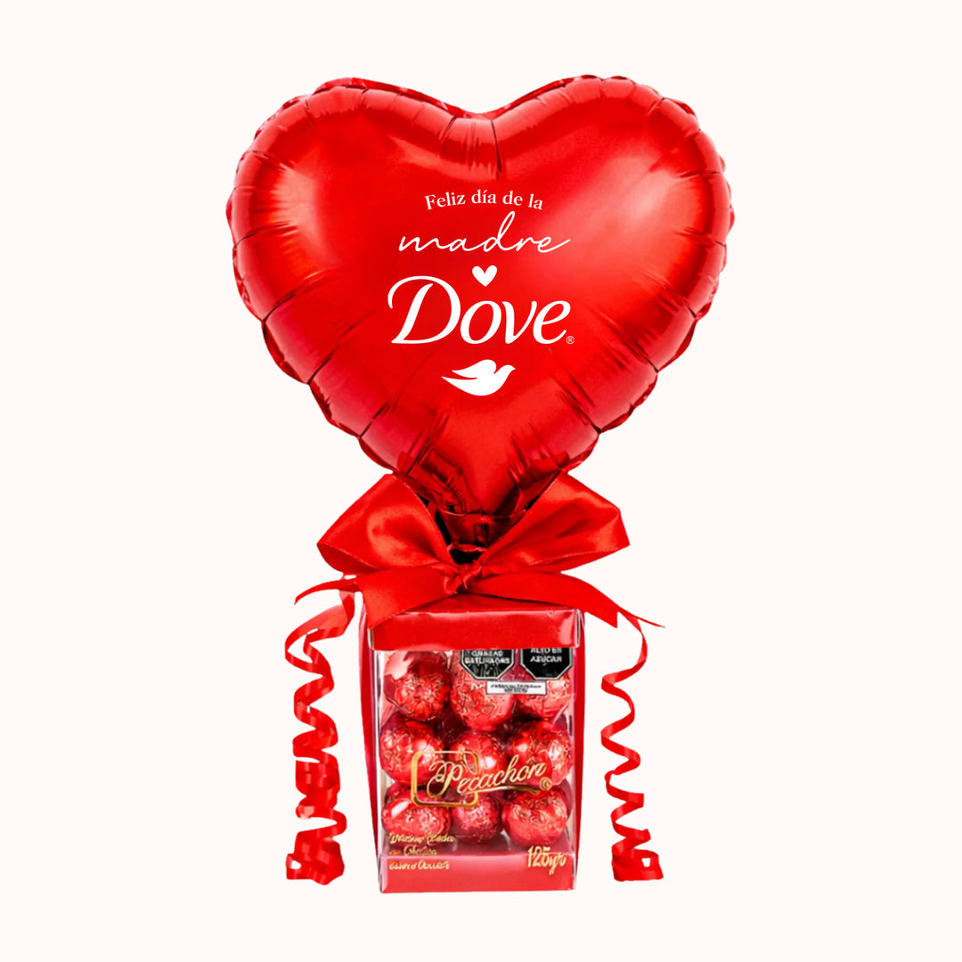 Caja transparente con chocolate y globo personalizado. Especial para campaña día de la madre. Detalles corporativos para clientas y colaboradoras.