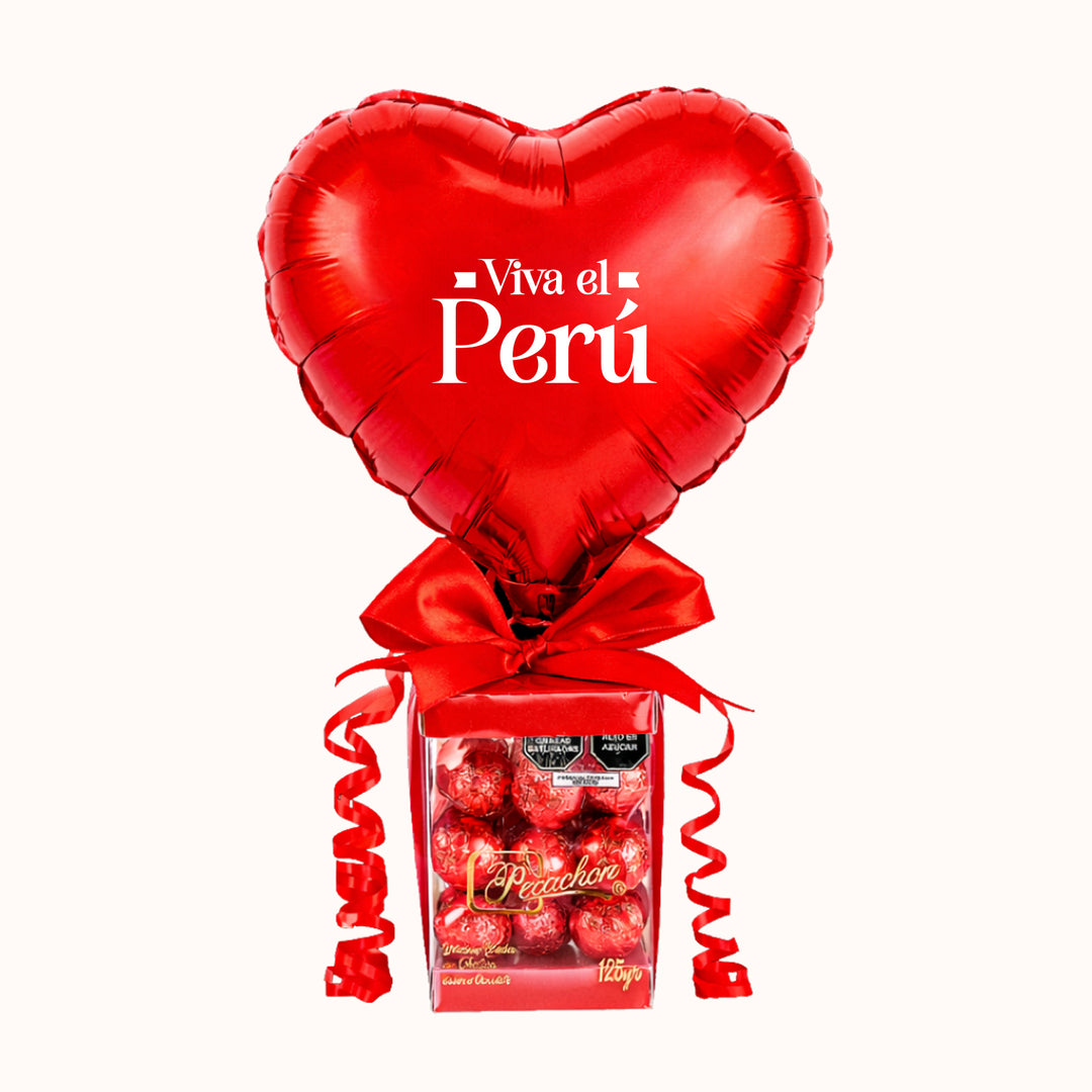 Caja transparente con chocolate y globo personalizado. Especial para campaña Fiestas Patrias. Detalles corporativos para clientes y colaboradores.