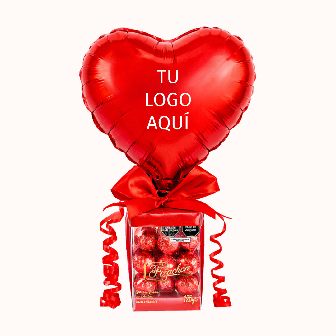 Caja transparente con chocolate y globo personalizado. Especial para campaña de San Valentín. Detalles corporativos para clientes y colaboradores.