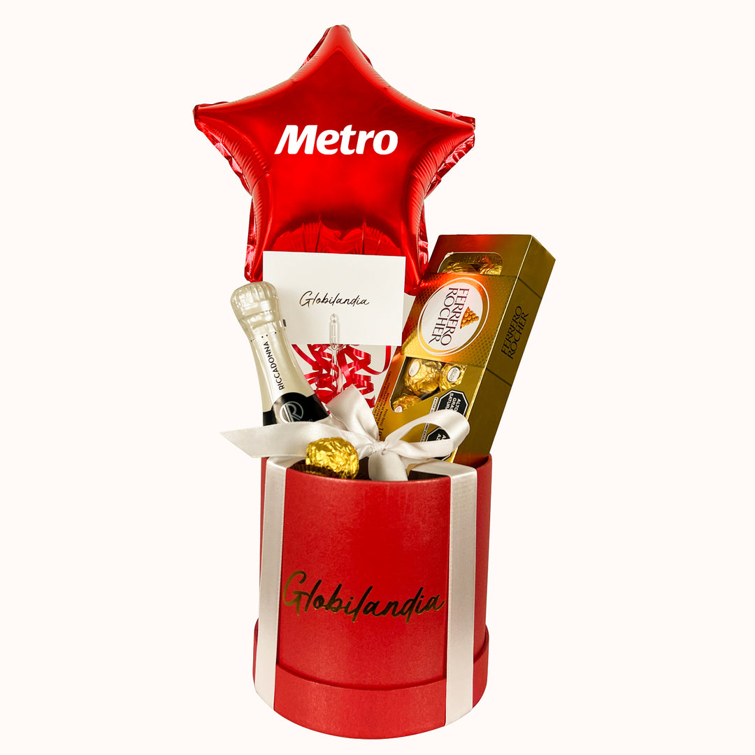 Gift Box corporativo con tu marca, que incluye Riccadonna Asti de 200 mL y una caja de chocolates Ferrero Rocher de 8 unidades. Regalo corporativo para tus clientes en campañas de San Valentín.