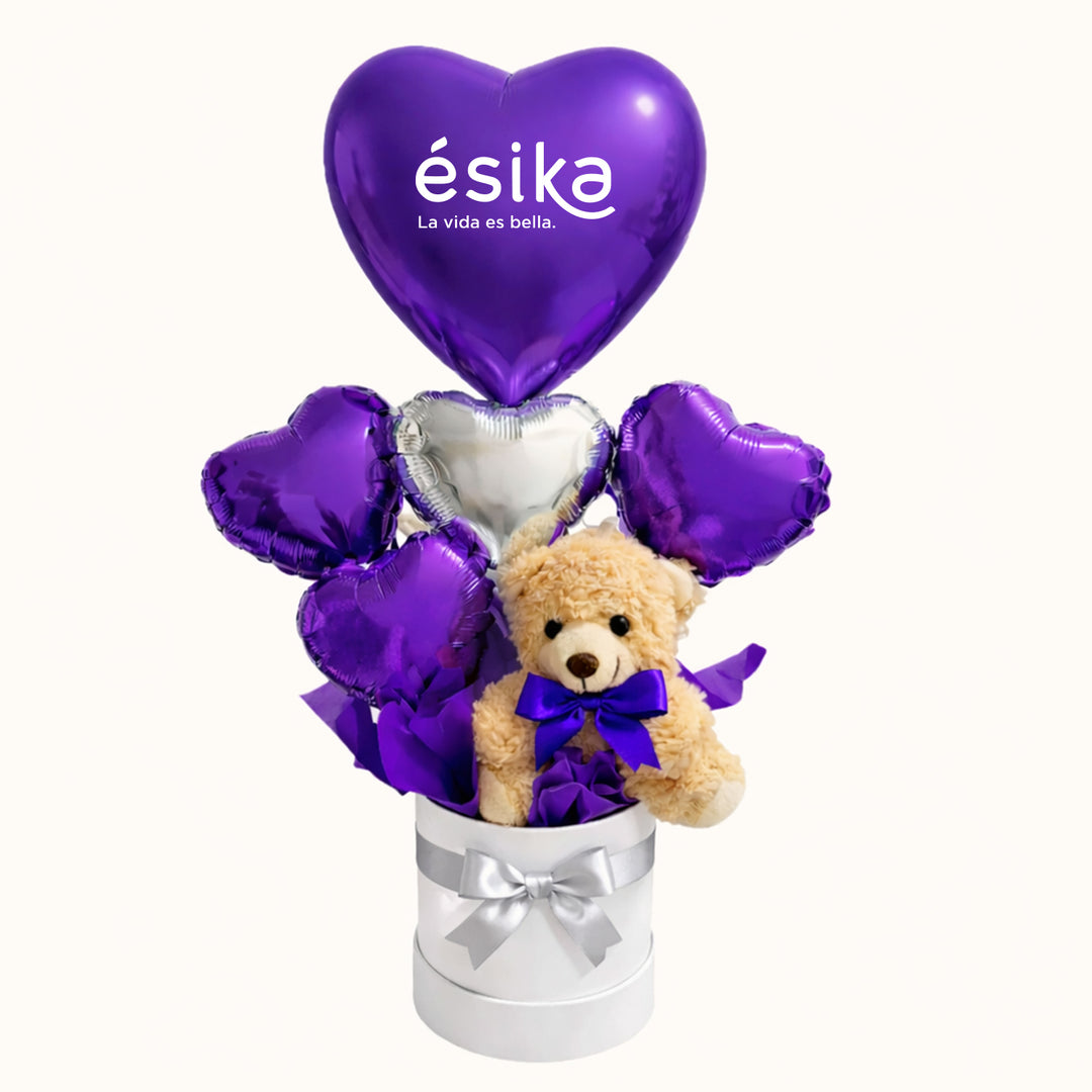 Caja de regalo personalizada con tu logo. Gift box con osito y globos personalizado con logo, como regalo corporativo para clientes y colaboradores en el día de la mujer.