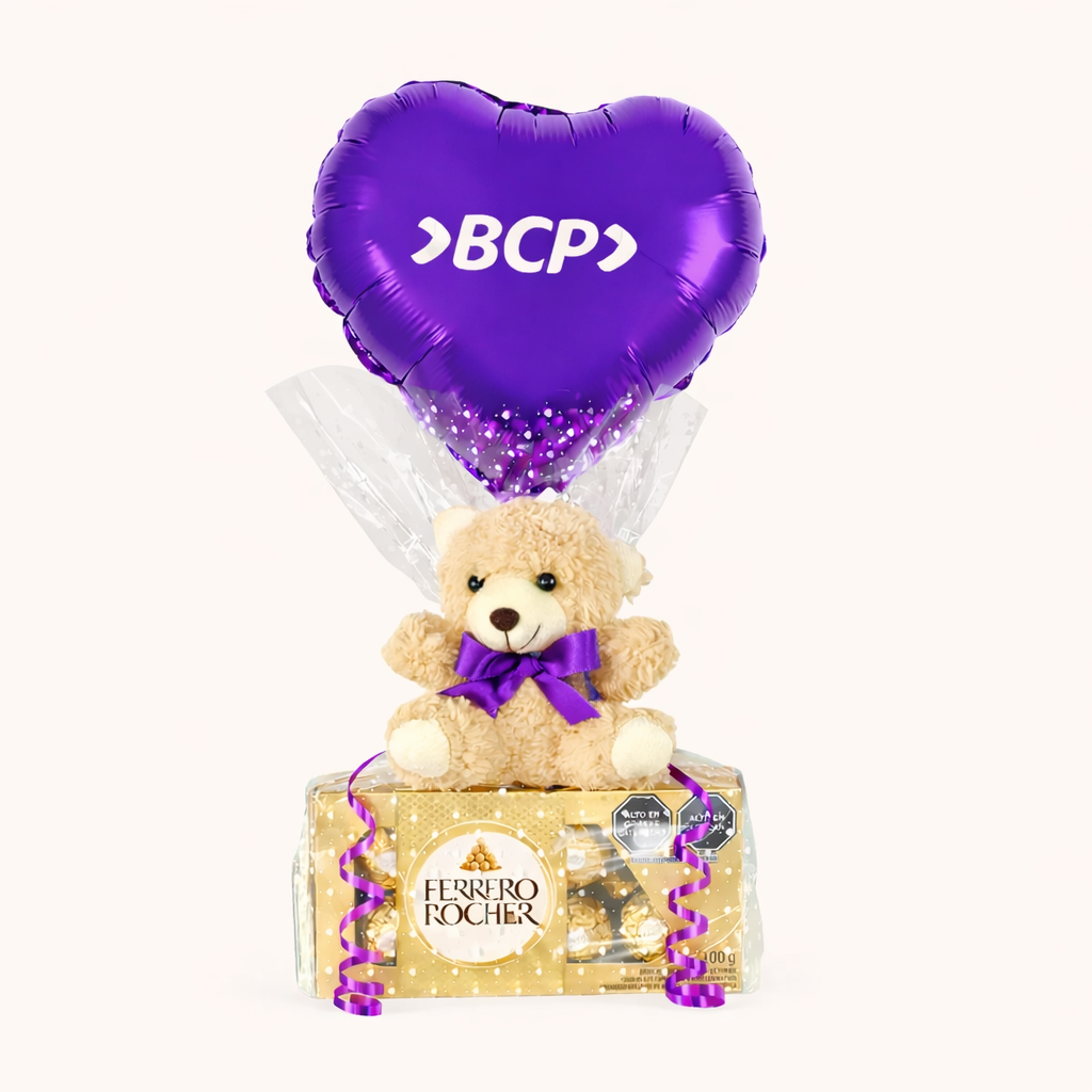 Regalo corporativo para la campaña del Día de la Mujer que incluye 1 caja de Ferrero Rocher (8 unidades), 1 globito personalizado y 1 osito de peluche chico, pensado para clientes y colaboradores como obsequio empresarial.