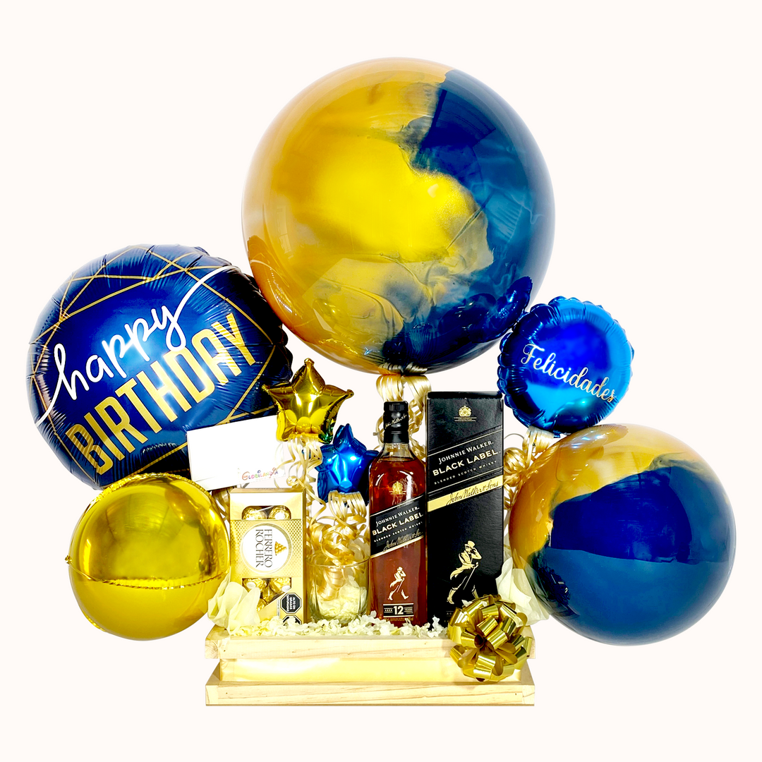 Gift box de regalo con globo burbuja pintado y personalizado en dos colores, globo “Happy Birthday”, globo burbuja pequeño pintado, botella de whisky Johnnie Walker Black Label de 750 ml, caja de Ferrero Rocher de 8 unidades y globitos decorativos, presentado en una caja de regalo grande. Ideal para sorprender y celebrar.