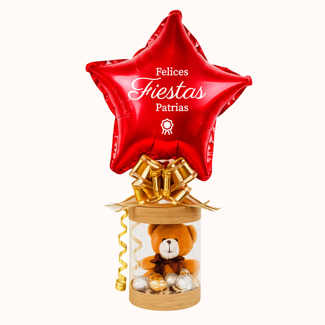 Caja de regalo,con oso chocolates y globo personalizado con tu marca. ideal para campaña de Fiestas patrias y así impulsar tu marca.
