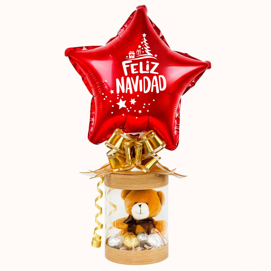 Caja de regalo,con oso chocolates y globo personalizado con tu marca. ideal para campaña de Navidad y así impulsar tu marca.