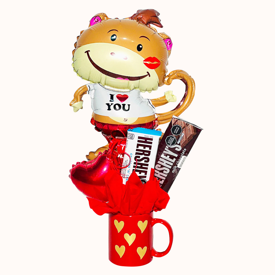 Taza para regalar en San Valentín incluye 1 Globo de Monito "I love You", 2 Chocolates Importados Hershey, Globito Decorativo Pequeño.
