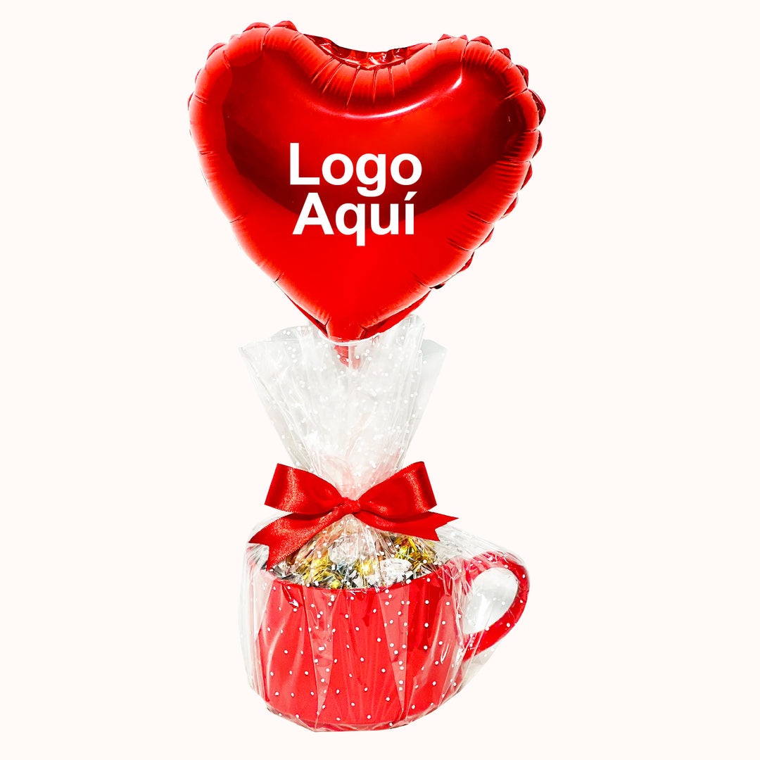 Taza grande de cerámica con 15 chocolates y/o caramelos, decorada con globo personalizado con tu logo para impulsar tu marca.Regalo para cliente y colaboradores.
